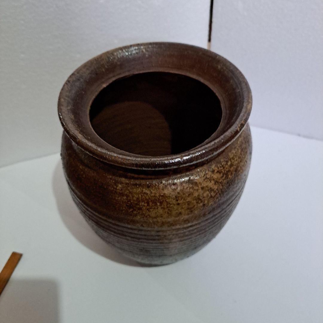 茶道具　備前　種壺　明治 ゴマ垂れ　名入り　竹ヘラ横縞　口広壺