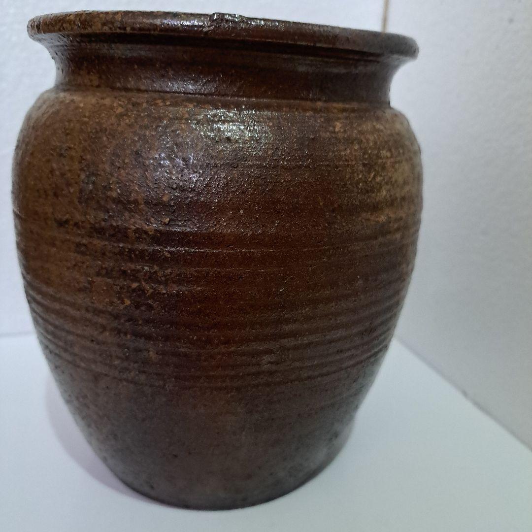 茶道具　備前　種壺　明治 ゴマ垂れ　名入り　竹ヘラ横縞　口広壺