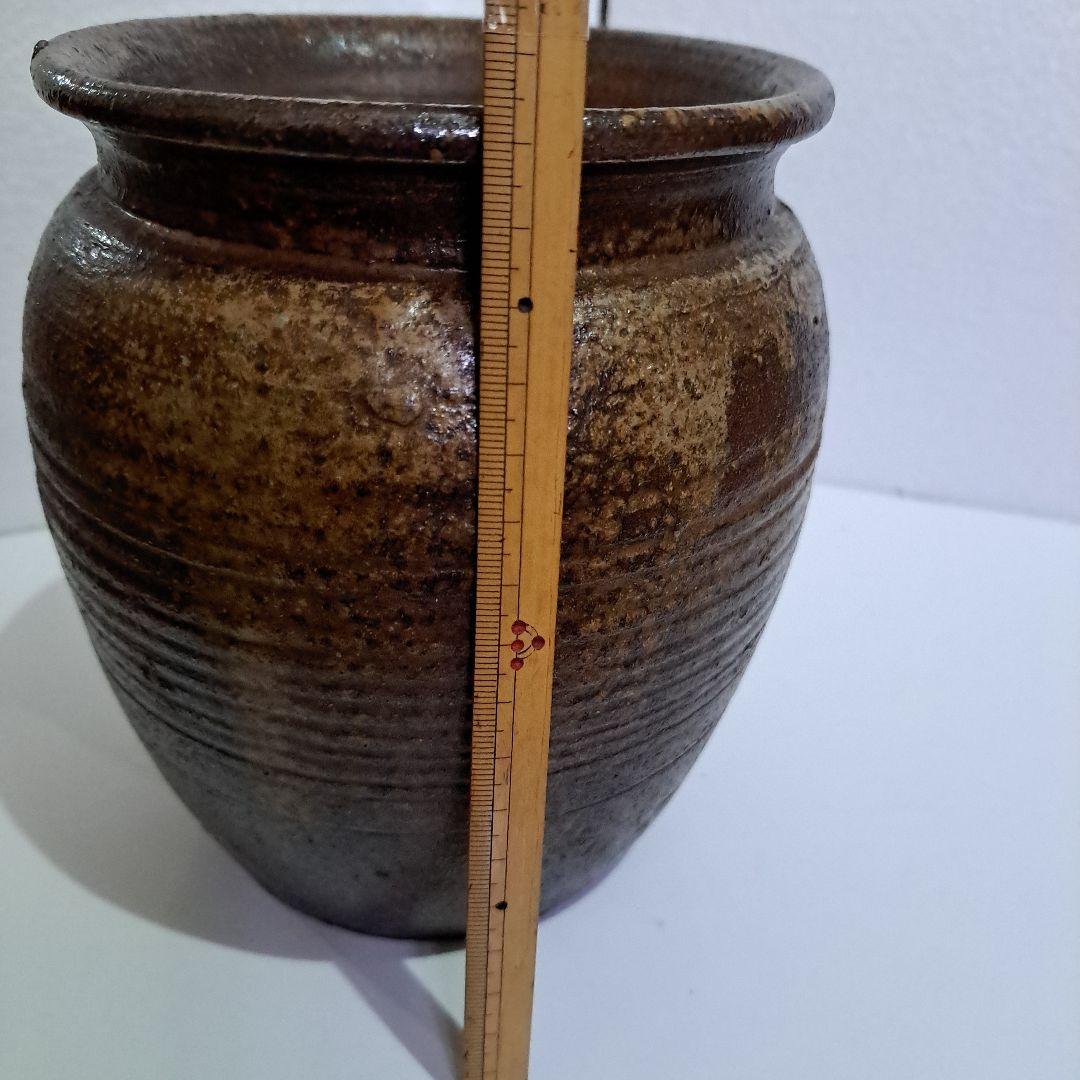 茶道具　備前　種壺　明治 ゴマ垂れ　名入り　竹ヘラ横縞　口広壺