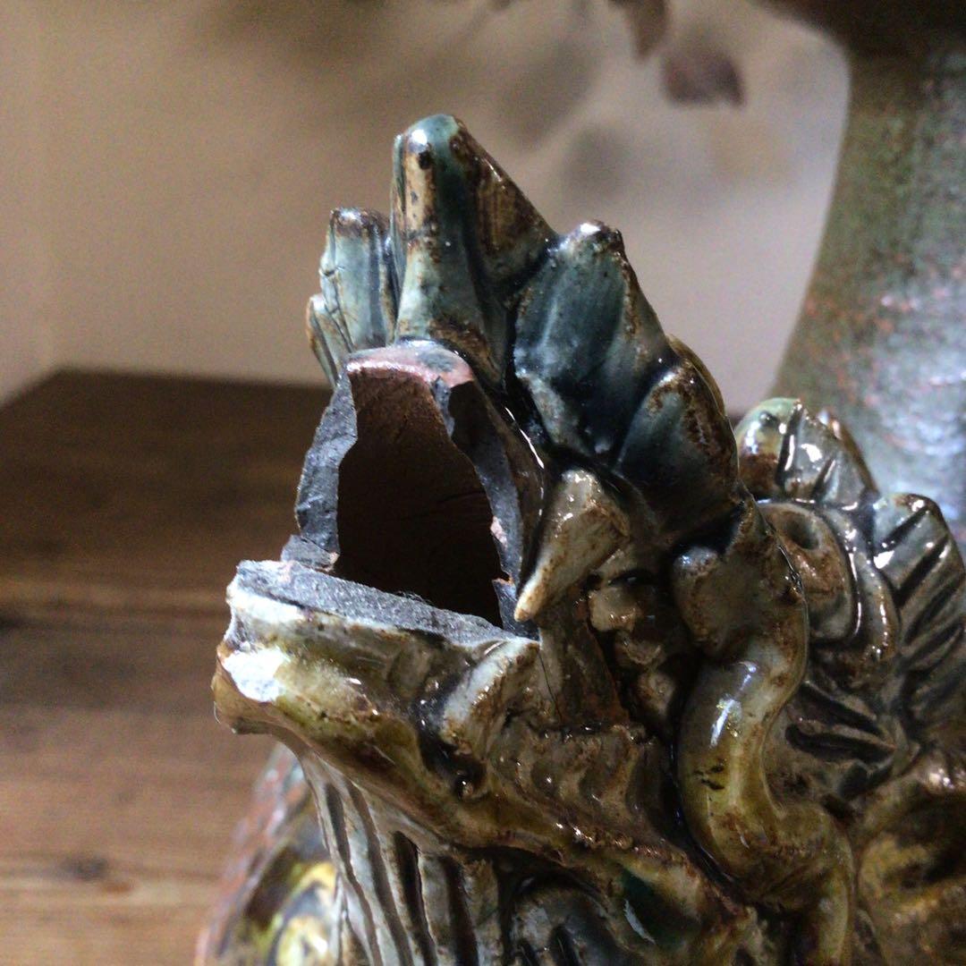 No4078 壺屋焼　浮彫雲龍文　カラカラ　酒器　沖縄　やちむん　民藝　送料無料