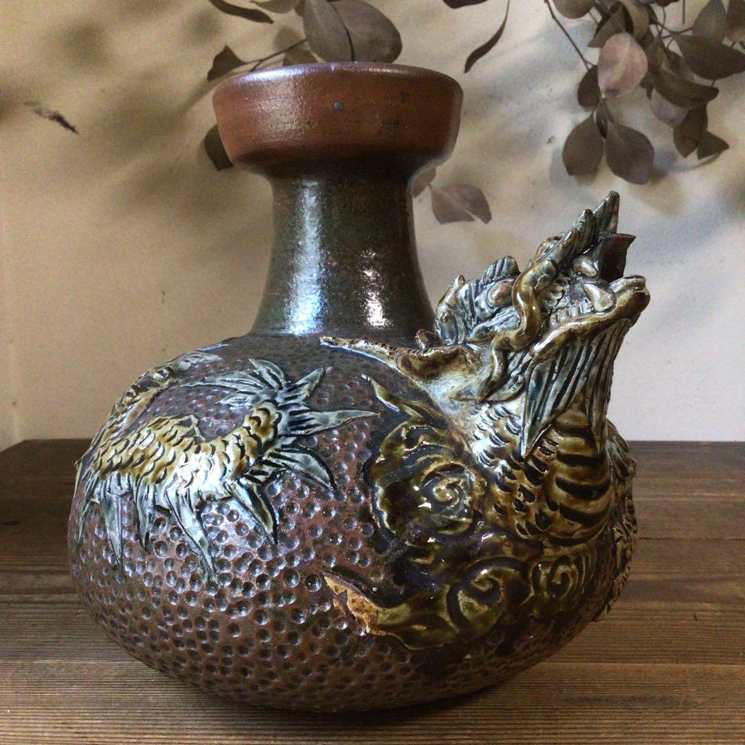 No4078 壺屋焼　浮彫雲龍文　カラカラ　酒器　沖縄　やちむん　民藝　送料無料