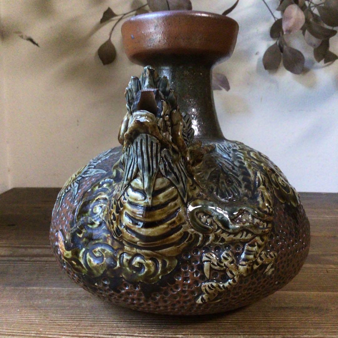 No4078 壺屋焼　浮彫雲龍文　カラカラ　酒器　沖縄　やちむん　民藝　送料無料