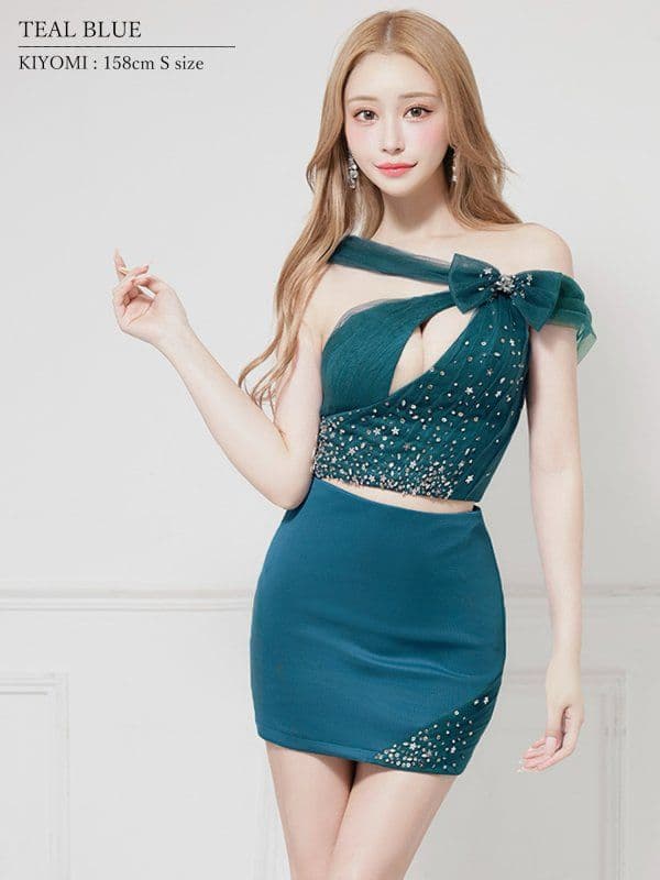 【エンジェルアール】ワンショルダーバストカットビジューセパレートミニドレス