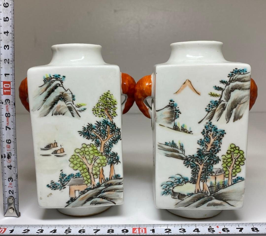 中国美術　同治年製　粉彩花入一対　高さ13㎝　東Y7-0331③タルサ