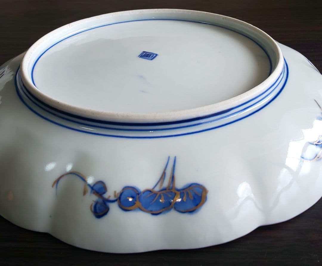 古伊万里 人物鳥山水風景図 輪花中皿 裏角福 表月弓 ５枚セット