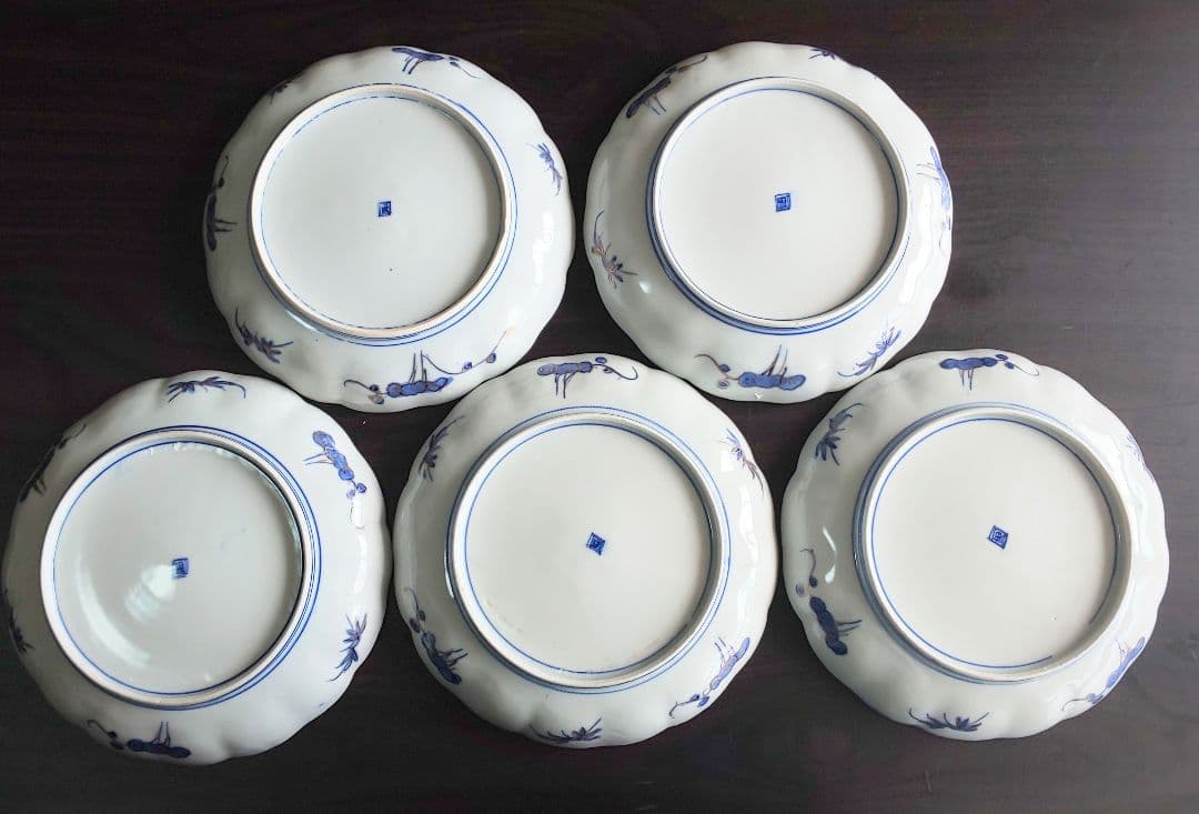 古伊万里 人物鳥山水風景図 輪花中皿 裏角福 表月弓 ５枚セット