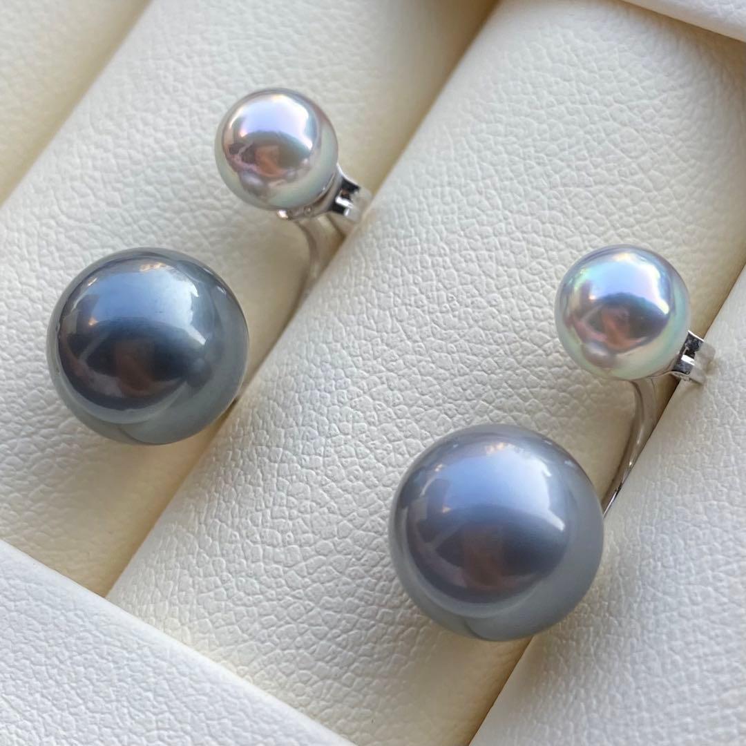 本真珠　南洋黒蝶真珠&あこや真珠ピアス　9.8&6.3mm P1152