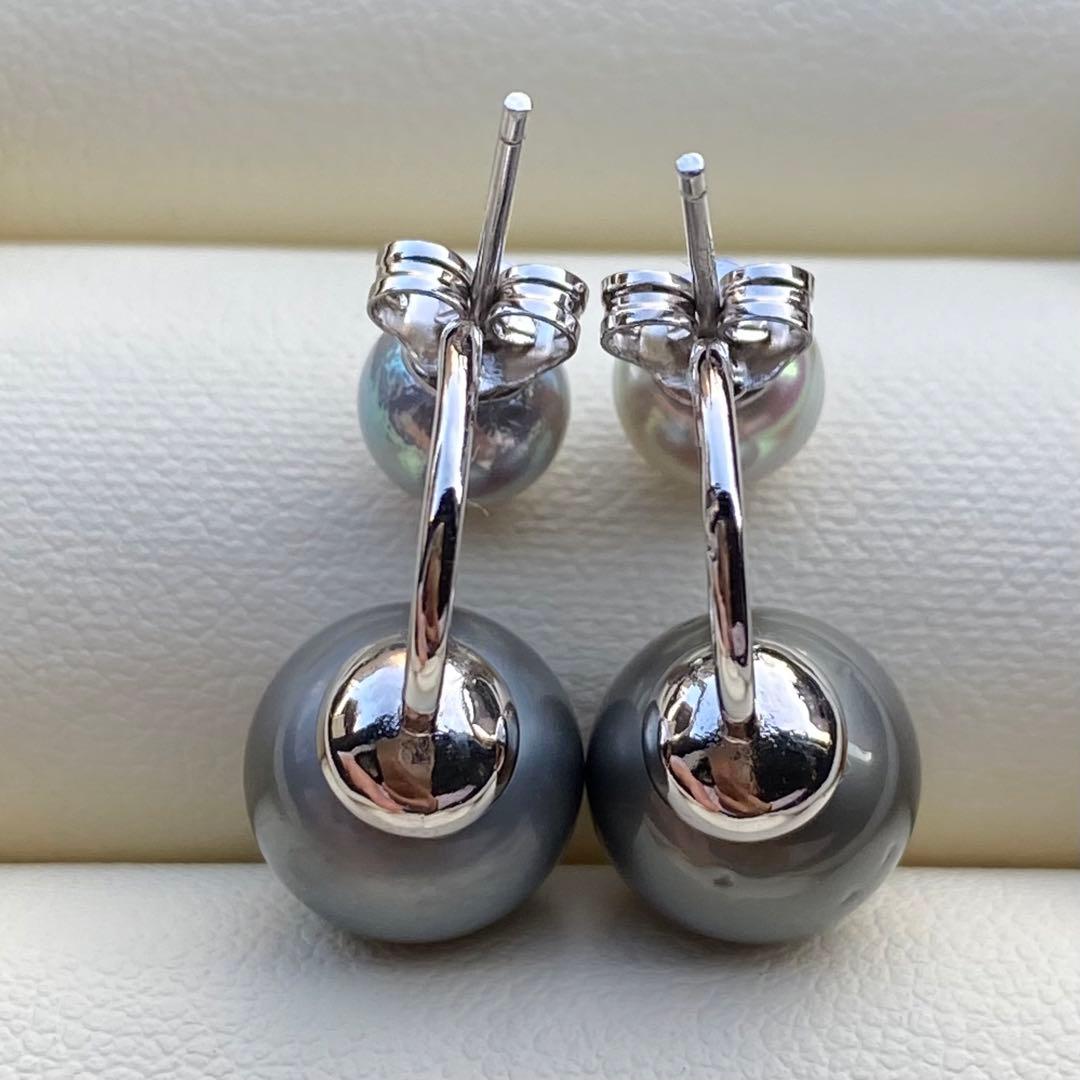 本真珠　南洋黒蝶真珠&あこや真珠ピアス　9.8&6.3mm P1152