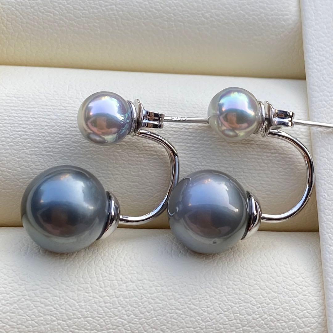 本真珠　南洋黒蝶真珠&あこや真珠ピアス　9.8&6.3mm P1152