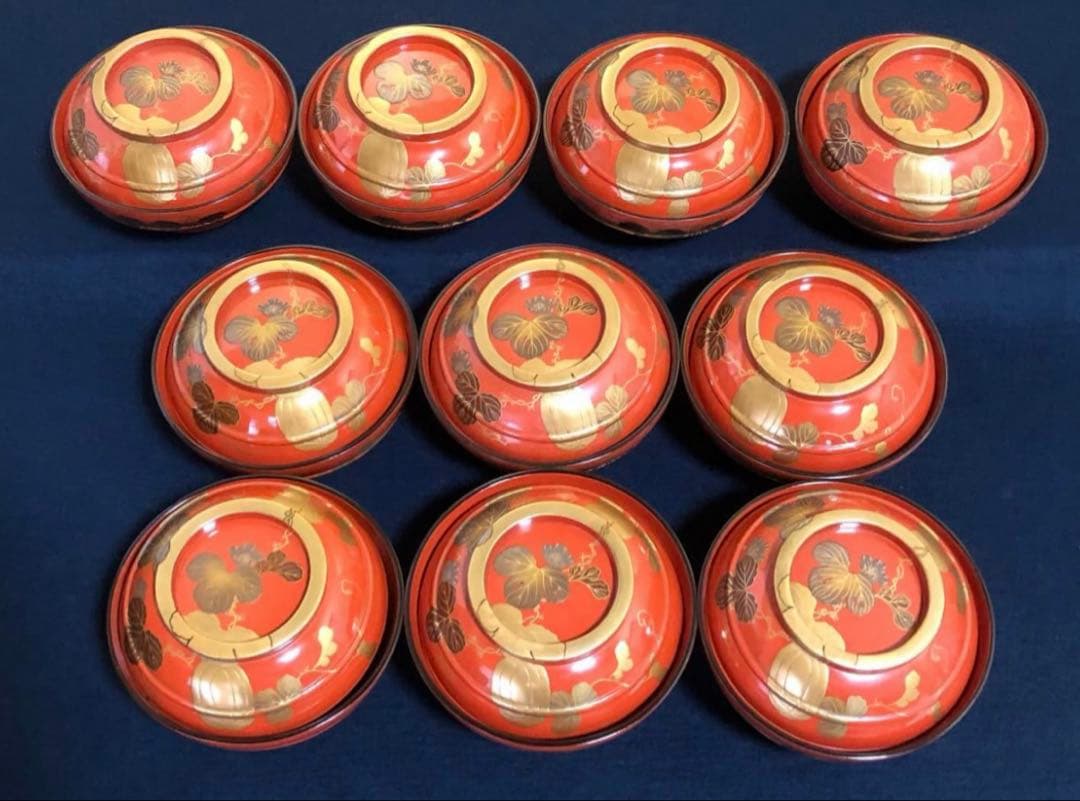 「祖」根来 瓜図 高蒔絵 菓子椀10客 塗師 仙斎 共箱 (122A)