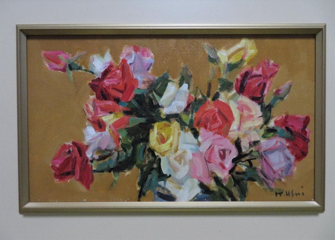 コーヒータイム　臼井圭助　「　ばら　」油彩　M6号　創元会 真作保証