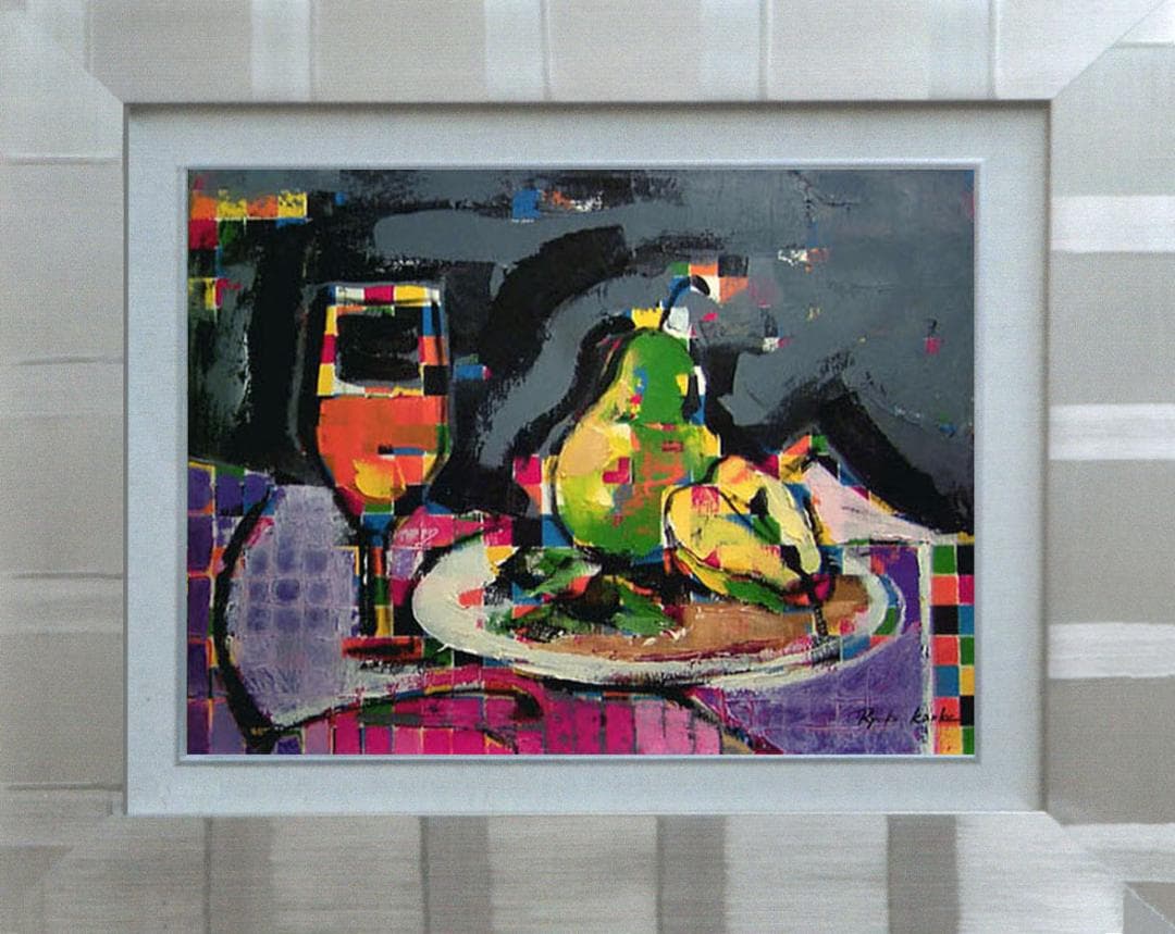 油絵 絵 絵画インテリア額付(青緑＋金色の枠) uF6-062204 静物 果物