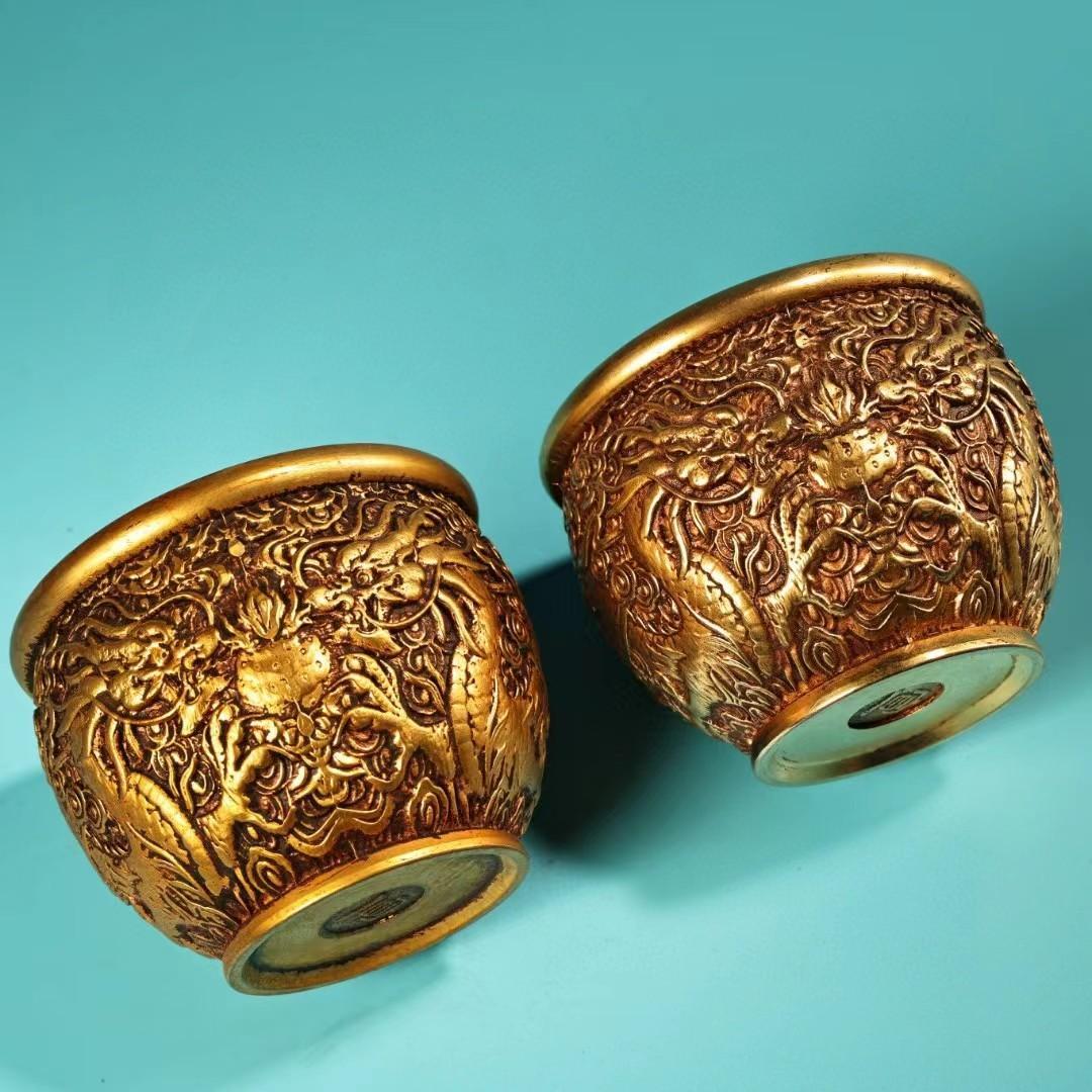中国古美術・旧蔵二龍戯珠の缶セット・鏨刻鎏金・純銅製・高浮彫・置物・茶道具・酒具