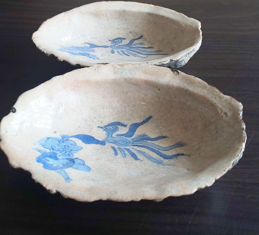 古伊万里 稀少珍品 鮑殻飾り皿 染付鳳凰花柄 江戸中期 2皿セット