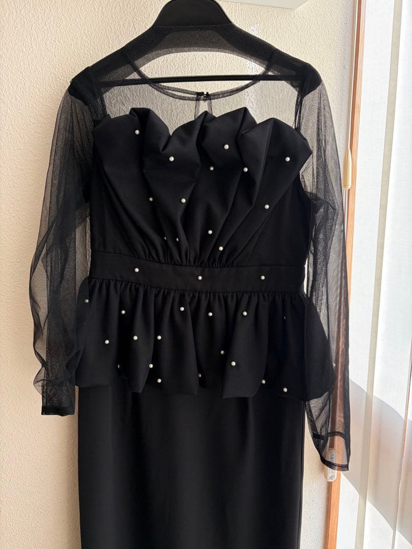 Et.UNiVER 黒 シースルー長袖 ペプラムドレス　M