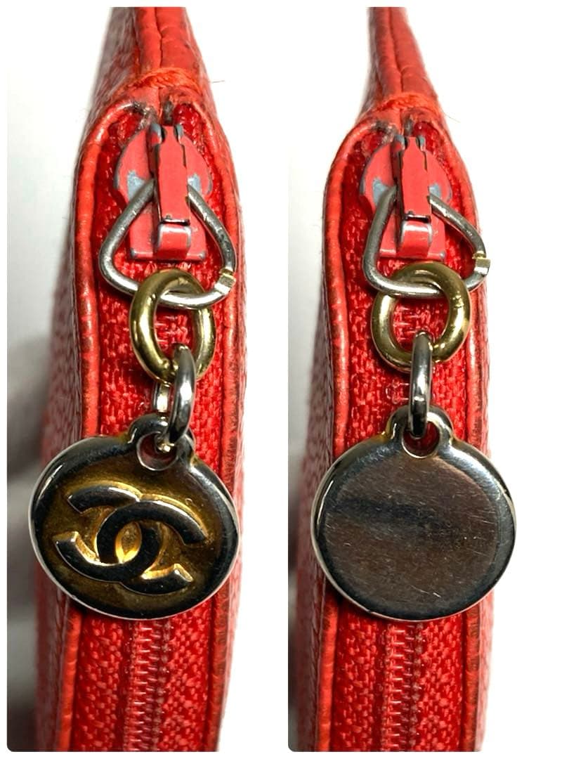 シャネル　キャビアスキン　ココマーク　ポーチ　ケース　カードケース　レッド