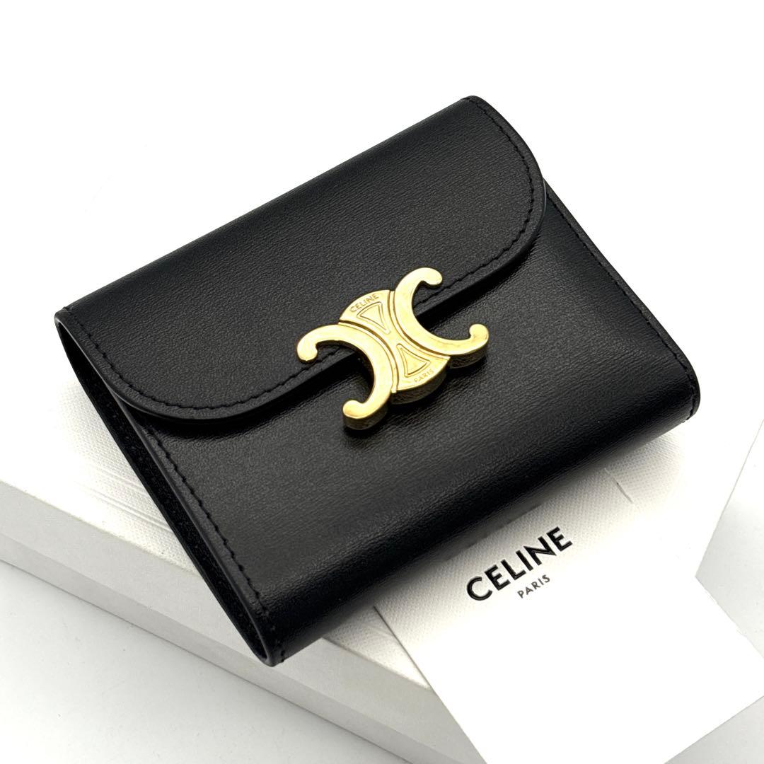 現行◆極美品◆CELINE 三つ折り財布 トリオンフ ブラック ゴールドロゴ