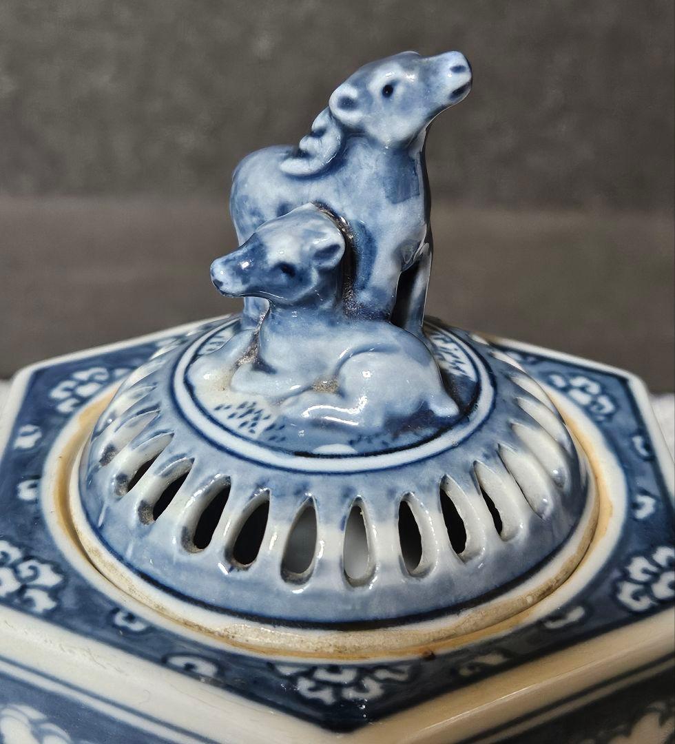 伊万里染付　双鹿摘み　人物図　六角形　香炉　茶道具　茶器　香道具　香道　香　香木