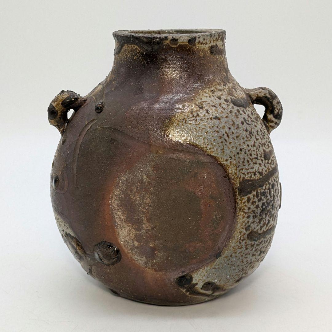 備前焼 窯変扁壺 扁壷 耳付花入 花器 フラワーベース 胡麻窯変 玉垂れ 花瓶