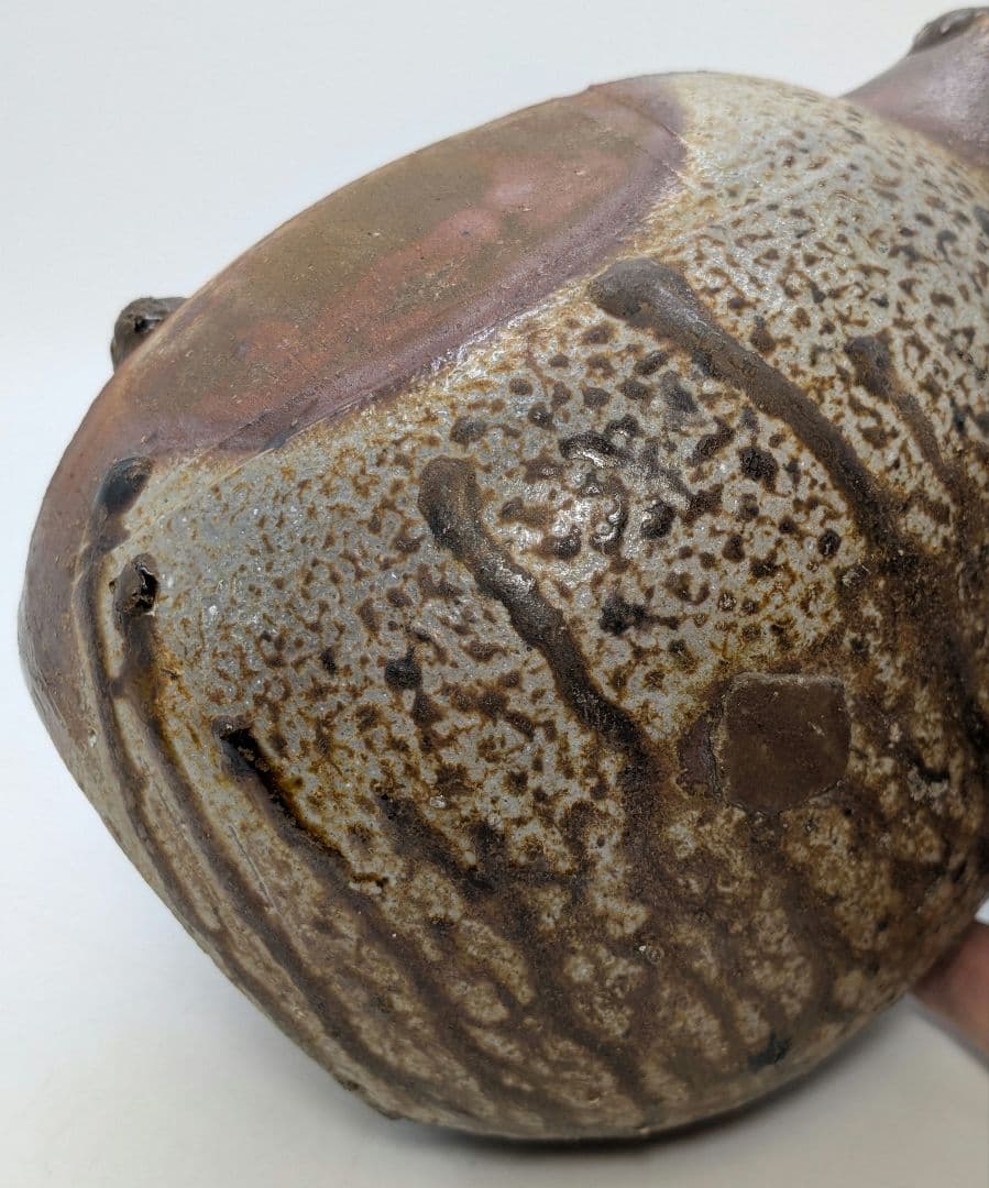 備前焼 窯変扁壺 扁壷 耳付花入 花器 フラワーベース 胡麻窯変 玉垂れ 花瓶