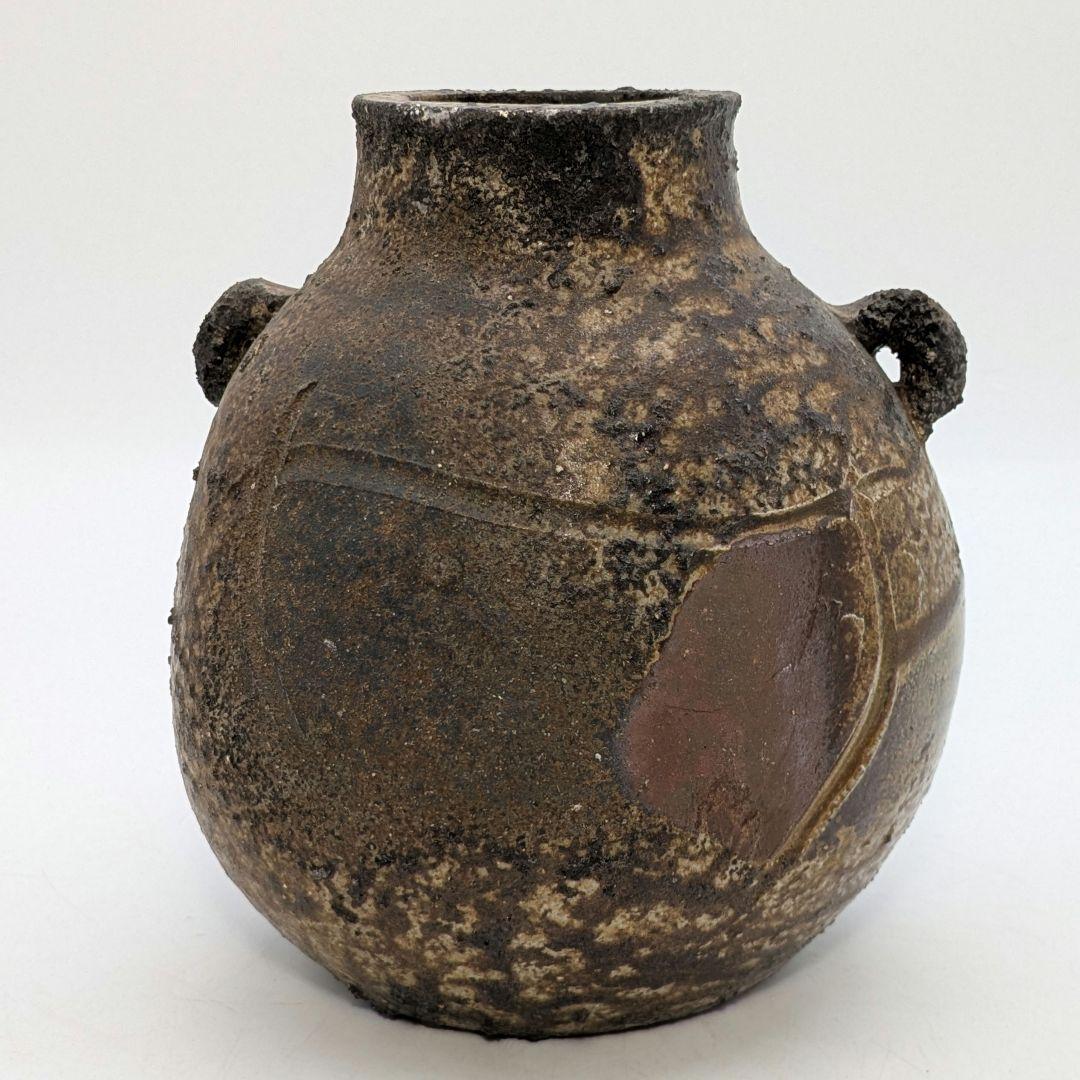 備前焼 窯変扁壺 扁壷 耳付花入 花器 フラワーベース 胡麻窯変 玉垂れ 花瓶