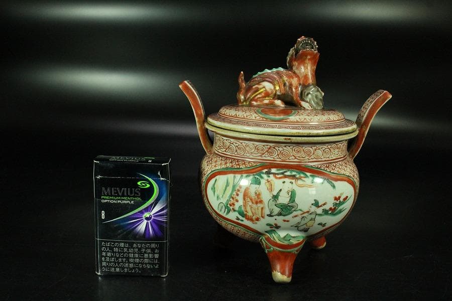 古美術 赤絵 獅子蓋 香炉 時代物 骨董 希少(K-YC530)