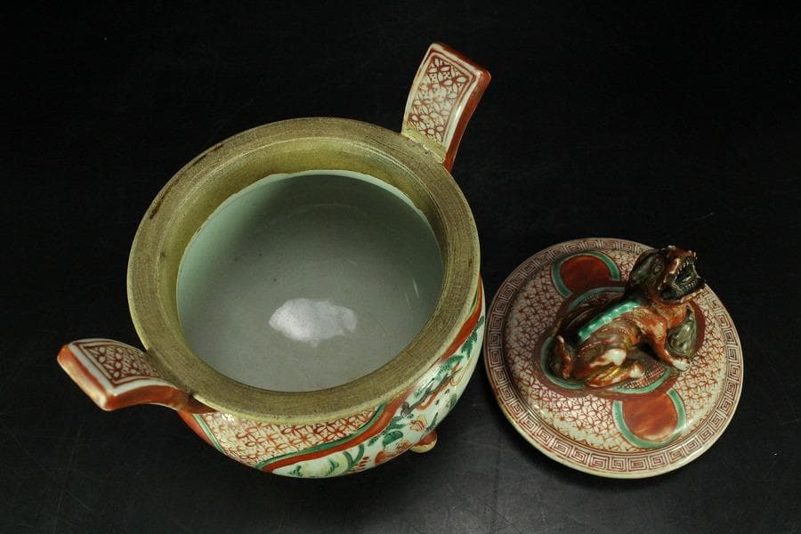 古美術 赤絵 獅子蓋 香炉 時代物 骨董 希少(K-YC530)