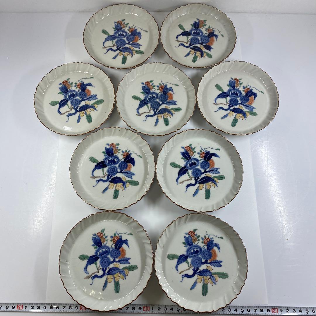 江戸後期　渦福柿右衛門手　栗図中皿9枚　幅約14.7㎝　東Y7-0314☆2F