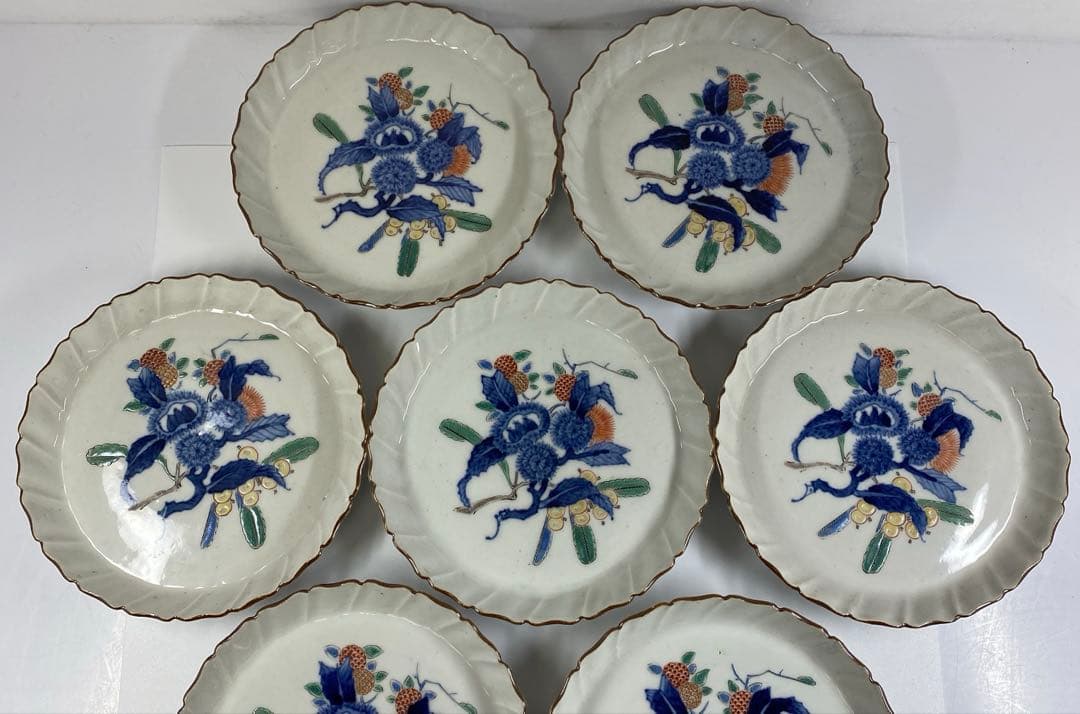 江戸後期　渦福柿右衛門手　栗図中皿9枚　幅約14.7㎝　東Y7-0314☆2F