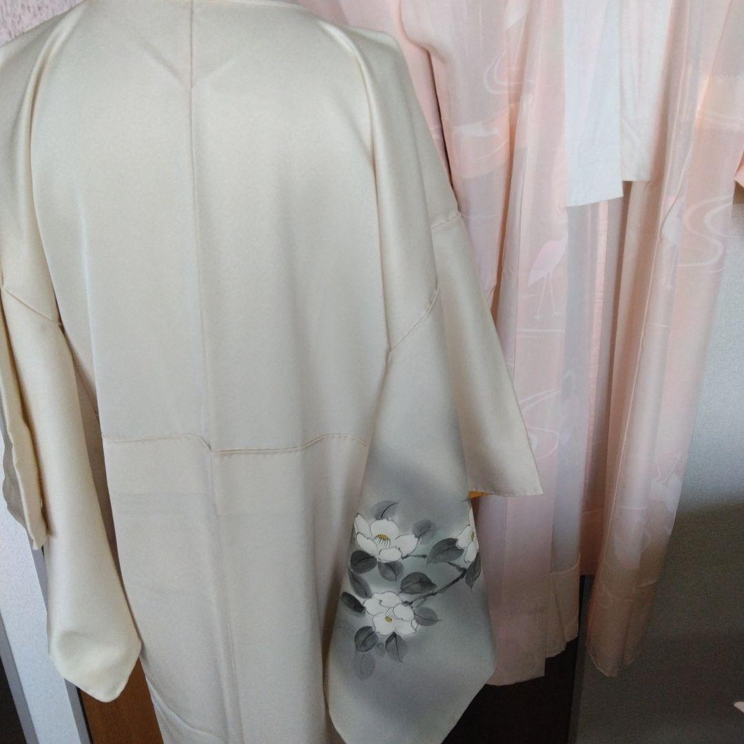 未使用品　訪問着 鳥と花模様白つばき グレーとホワイト、長襦袢付