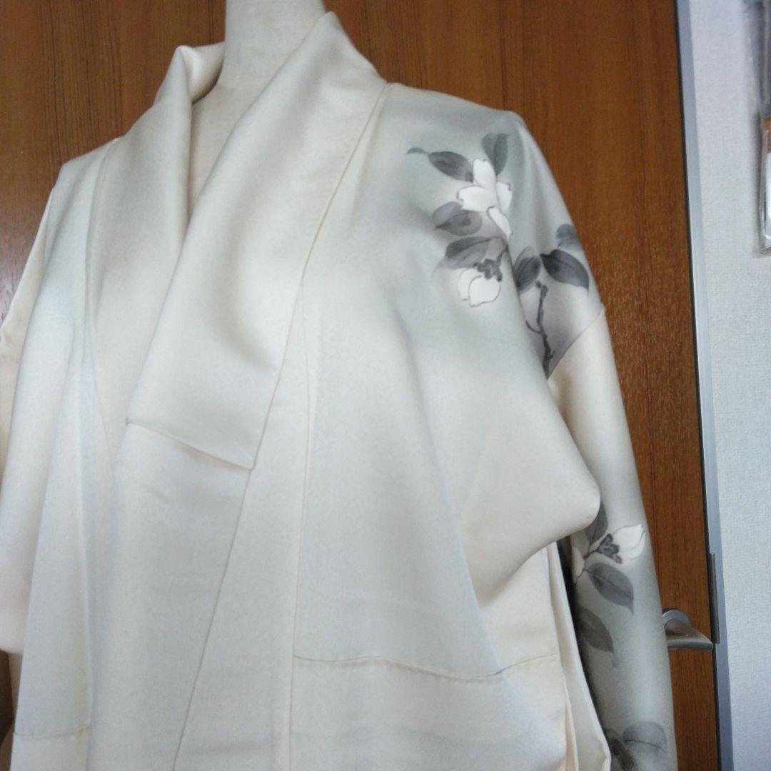 未使用品　訪問着 鳥と花模様白つばき グレーとホワイト、長襦袢付
