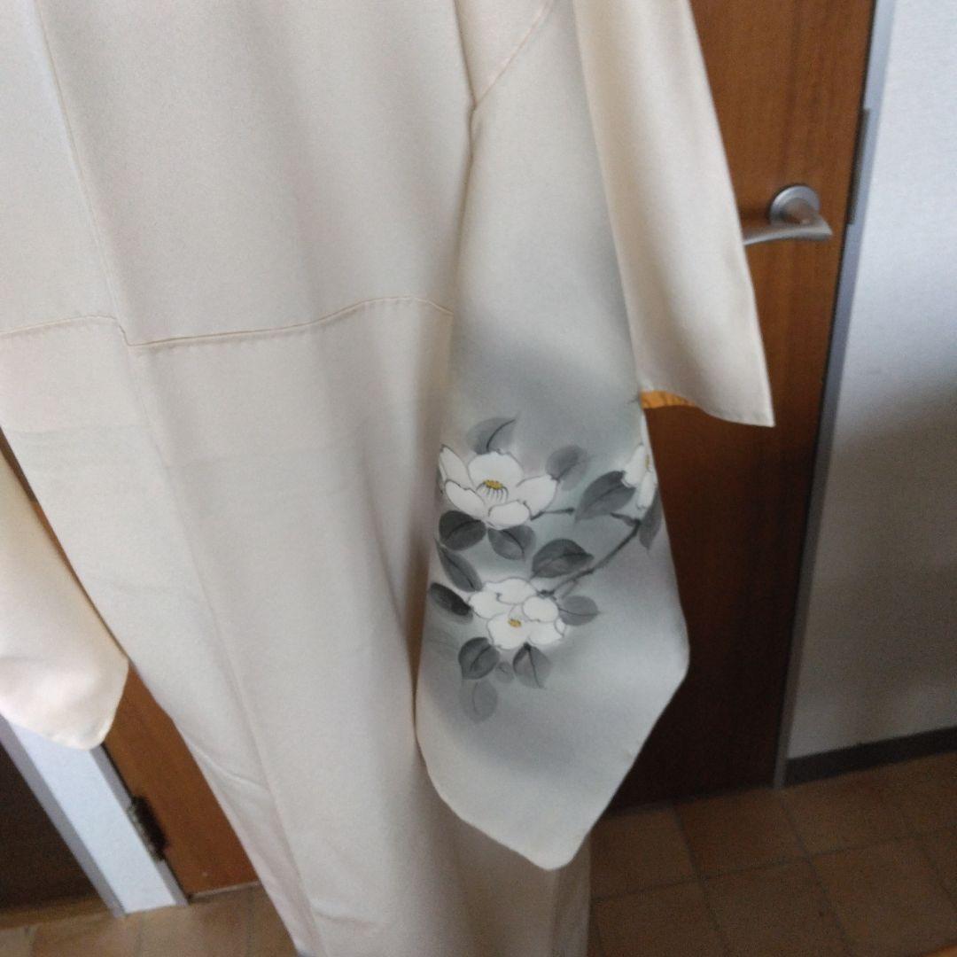 未使用品　訪問着 鳥と花模様白つばき グレーとホワイト、長襦袢付