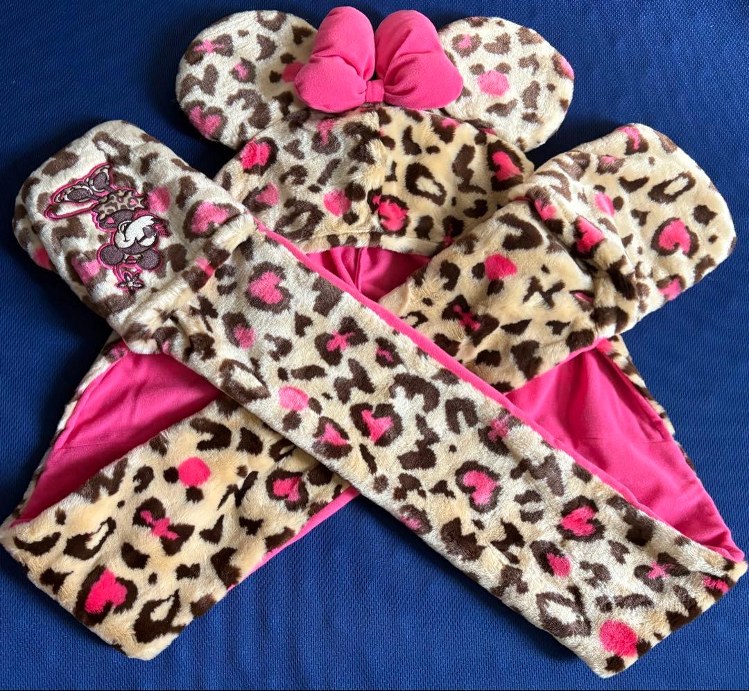 ディズニー　ミニー　ヒョウ柄　マフラーキャップ