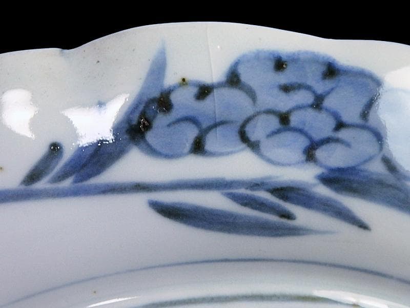 古伊万里　染付　菊花四方襷紋に若松の図　６寸皿　A361A-fbva