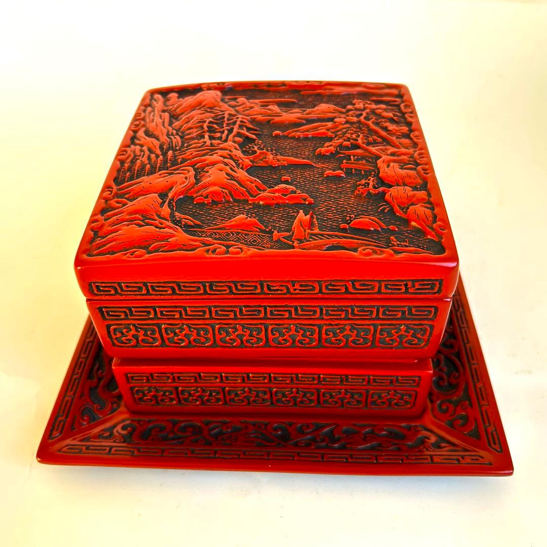 【希少】美品　漆器 堆朱 木製　手彫り　彫刻漆器 仙台堆朱 蓋付き　重箱　2段