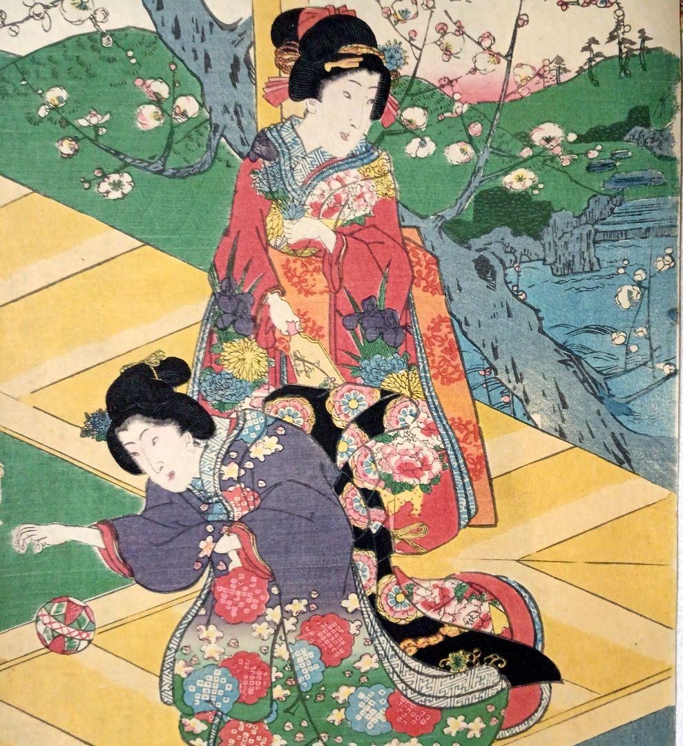 浮世絵、春色庭あそひ三枚綴り（偐紫田舎源氏)歌川房種画安政元年（1854)出版