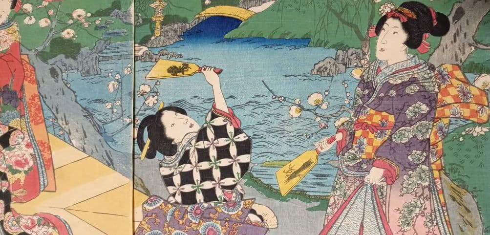 浮世絵、春色庭あそひ三枚綴り（偐紫田舎源氏)歌川房種画安政元年（1854)出版