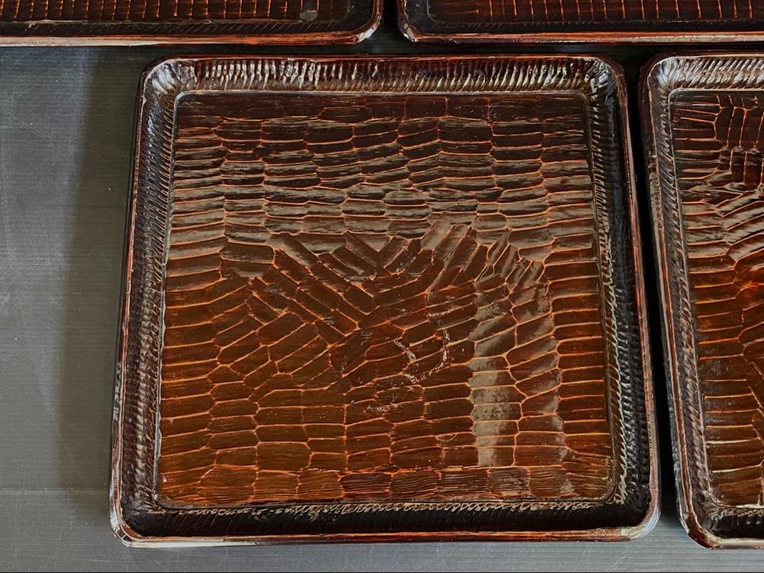 「母」 讃岐彫 四方膳 五客揃い 讃岐膳 讃岐盆 くり抜き （114Ｂ）