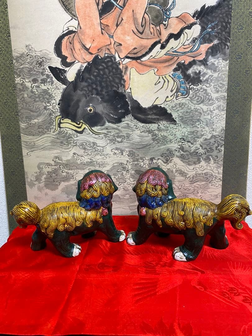 清朝　時代　獅子像 セット 多色 陶器製