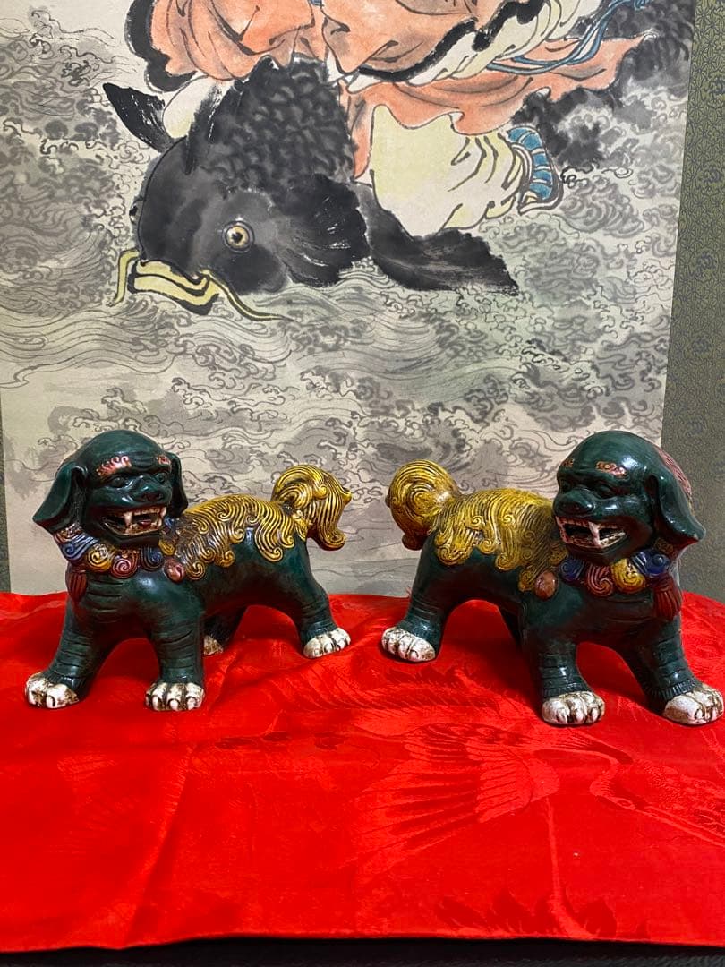 清朝　時代　獅子像 セット 多色 陶器製