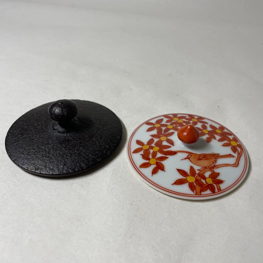 F2N02⑩ 菊地政光作 南部鉄器 銚子 竹柄 赤絵替蓋付き