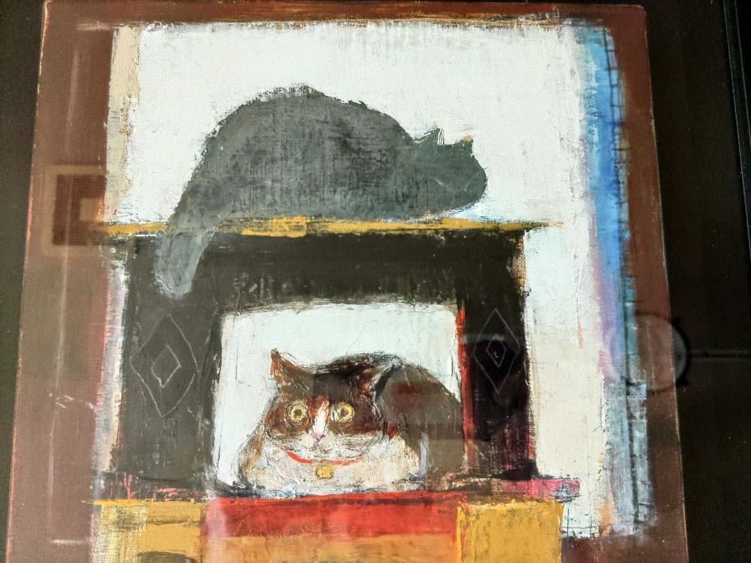 猫の時間　松波照慶　M8号　縦　かわいいネコちゃん　油彩画　4匹の猫　松波画伯