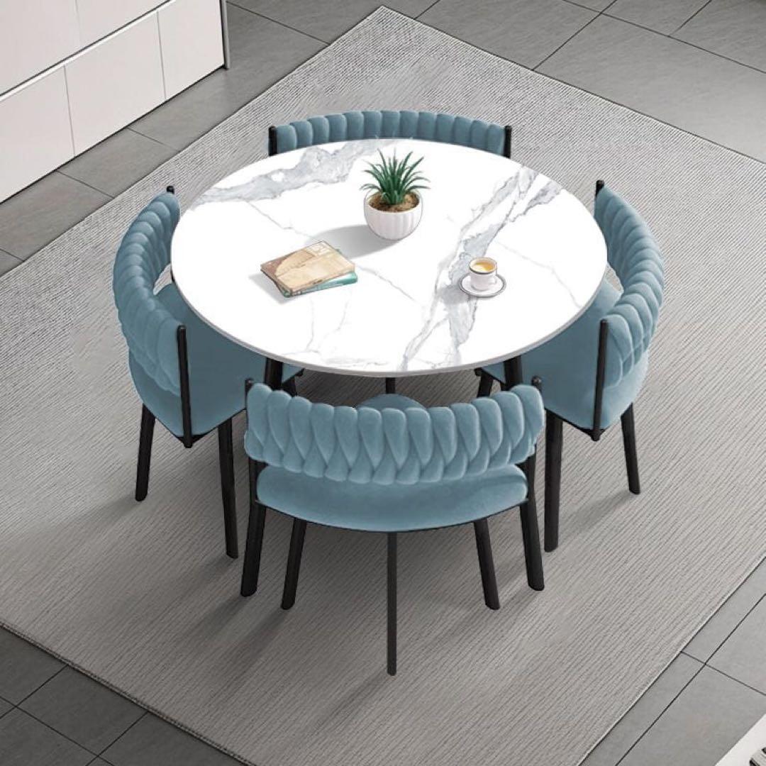 大理石調テーブル × 立体キルティングチェア 円形ダイニングセット