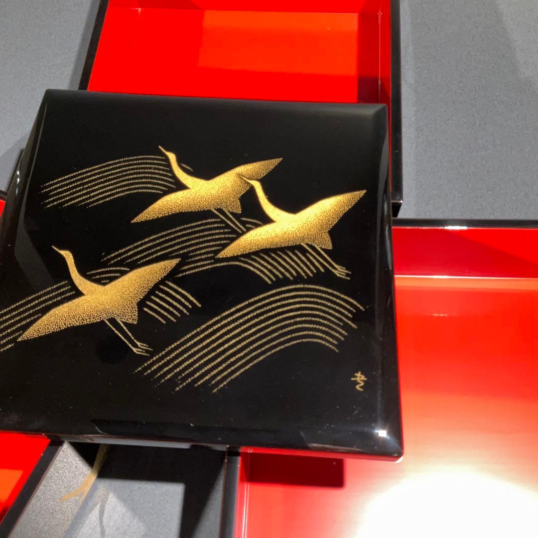 沈金蒔絵　千羽鶴　三段重　黒漆　共箱　三谷吾一　輪島　R0845て