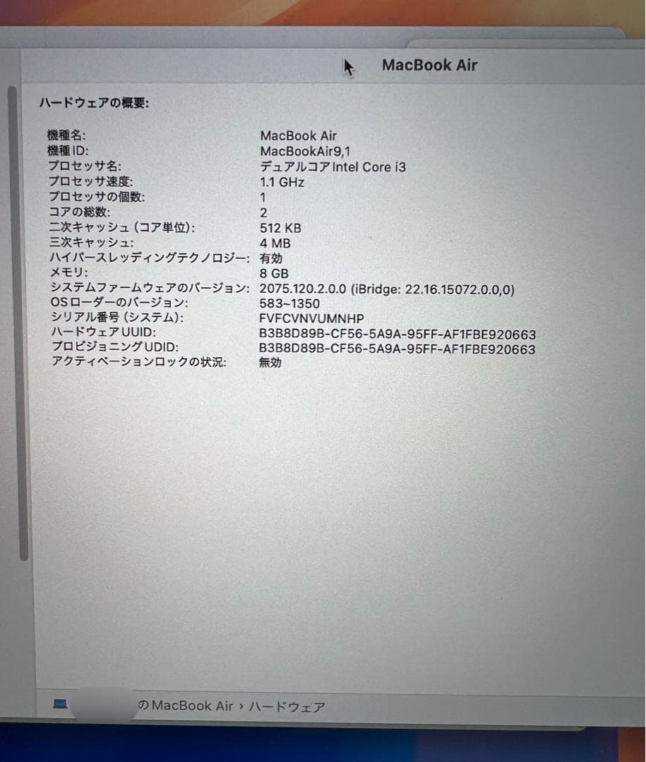 MacBook Air 2020 i3 8GB 256GB 充放電32回 美品