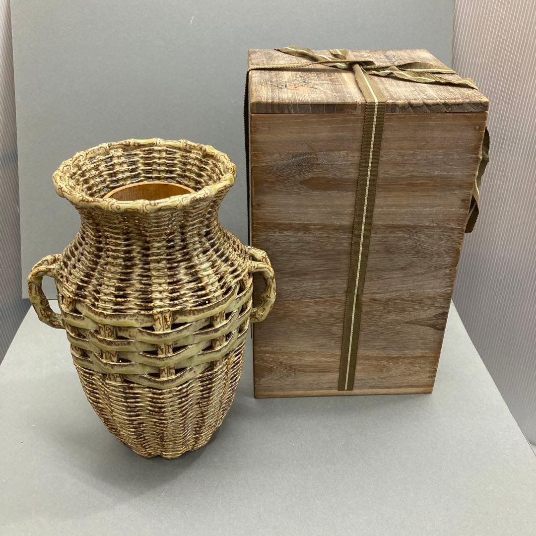 骨董品　華道道具　陶器　籠花入(そっくり)、ふこ山人　造　共箱　S1031KH