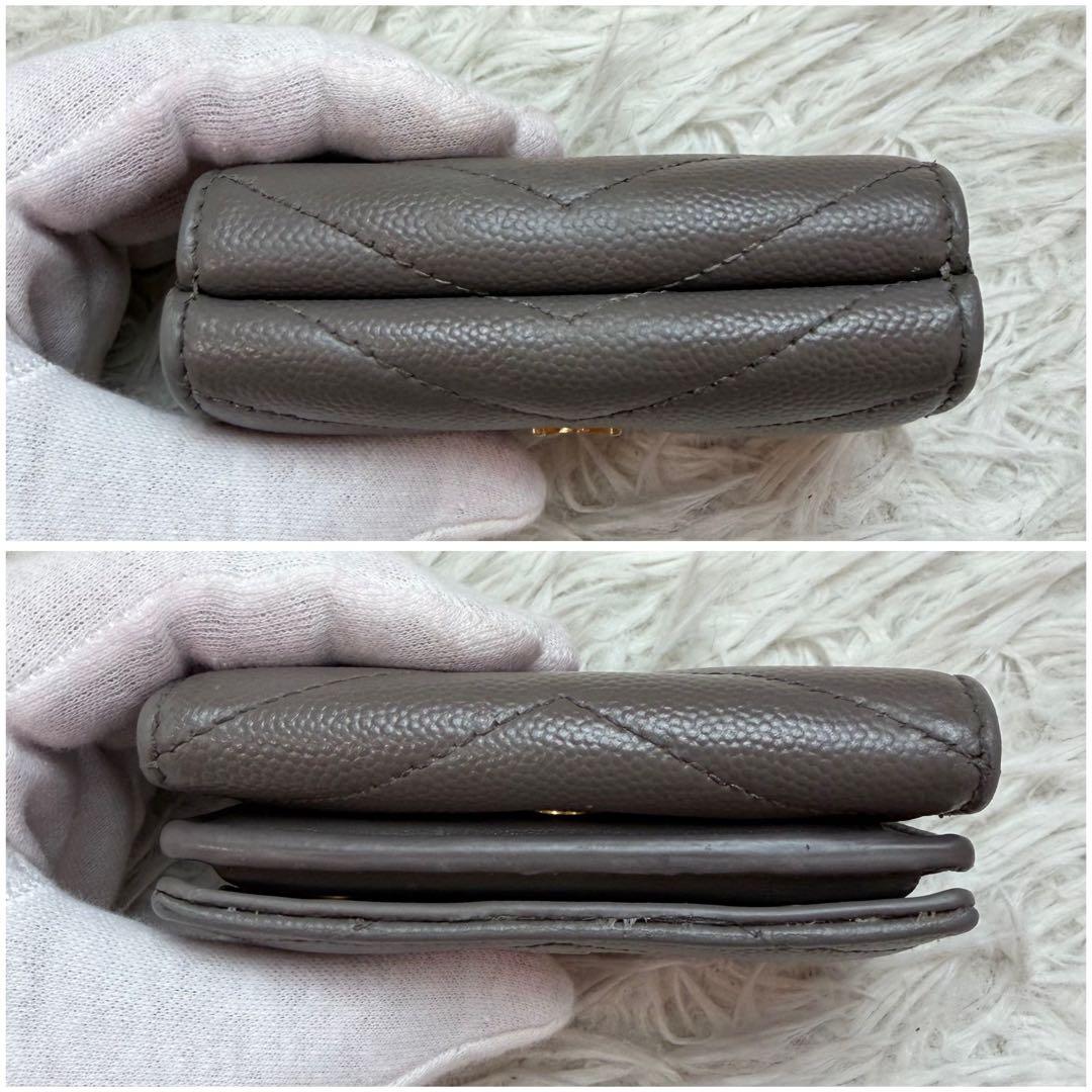 美品✨サンローラン 三つ折り財布 Vステッチ カサンドラ レザーオリガミ グレー