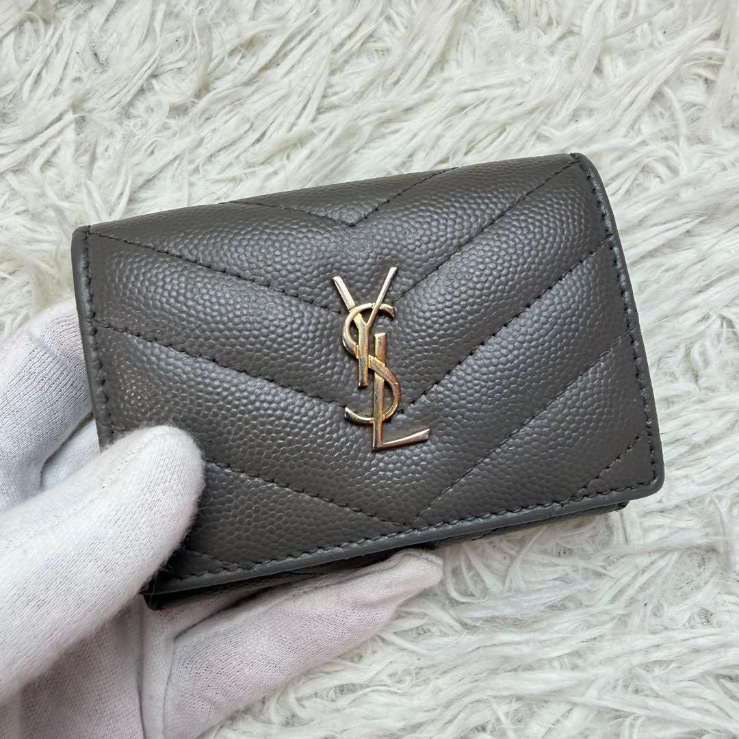 美品✨サンローラン 三つ折り財布 Vステッチ カサンドラ レザーオリガミ グレー