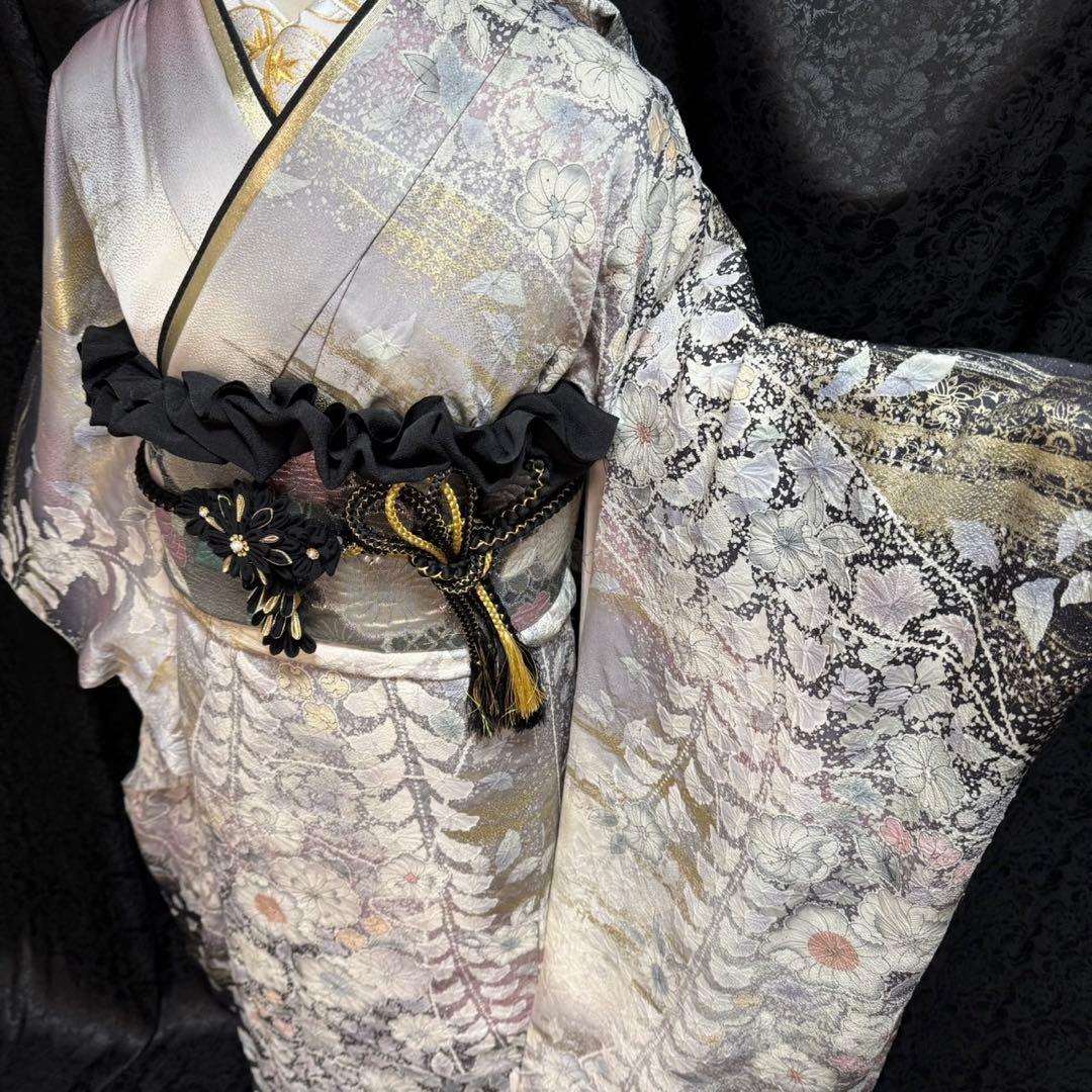 美品　辻ヶ花　銀通し　花絞り　金彩　ぼかし　灰紫　逸品　フルセット　振袖　振り袖