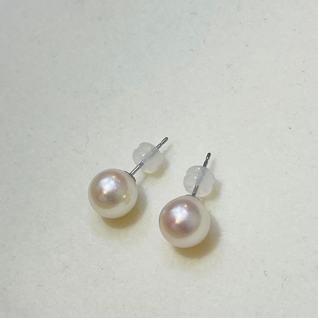 PT900 あこやパールピアス 特選本真珠 花珠 9mm ピンクホワイト系少大粒
